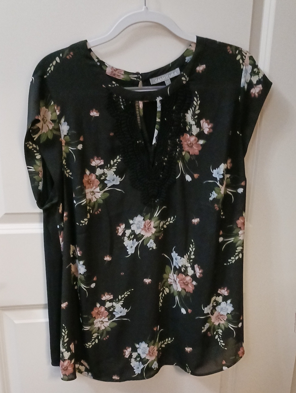 LOFT Black Floral Blouse with Pink and Light Blue Blooms